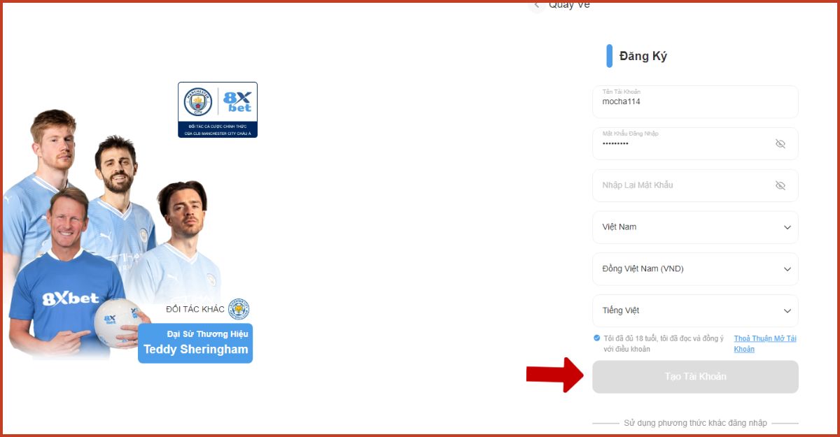nhập thông tin vào biểu mẫu đăng ký 8xbet