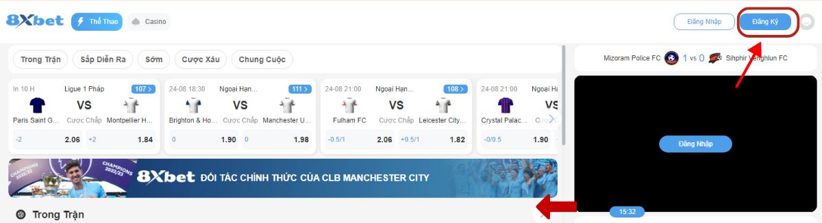 nhấp vào nút đăng ký ở trang chủ 8xbet